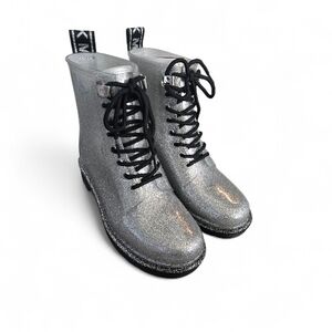 Michael Michael Kors Tavie Logo Tape and Silver Glitter Lace-Up Rain Boots